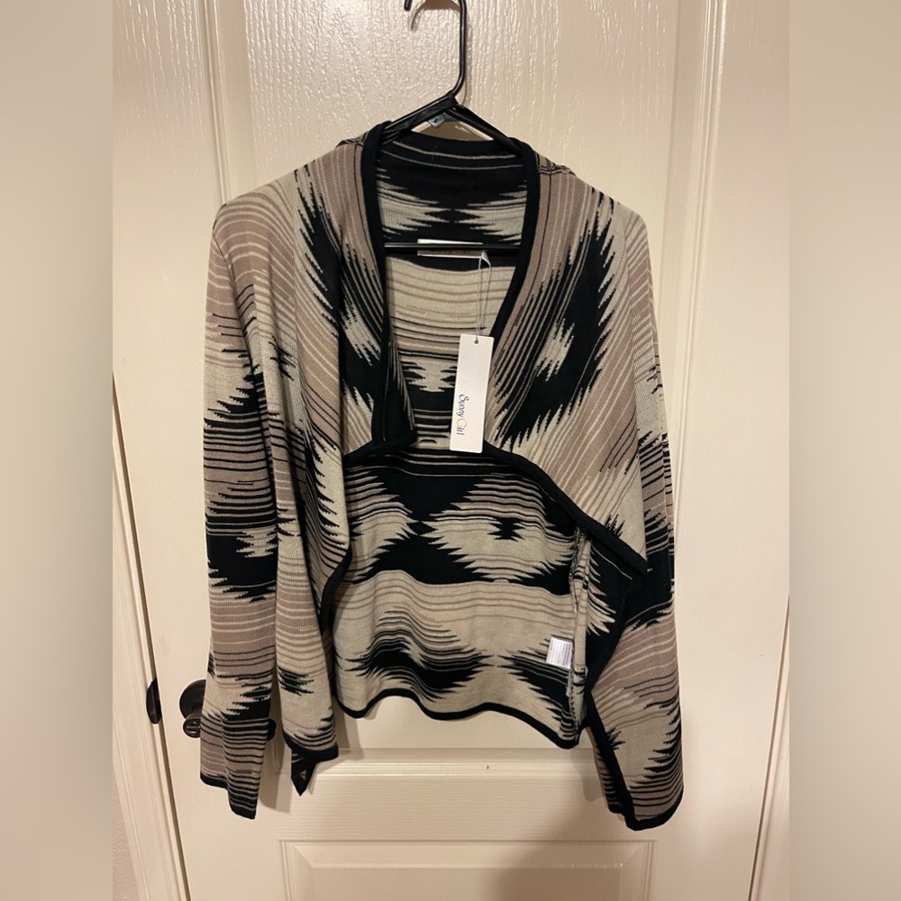 Sunny Girl Western Aztec Print Waterfall Collar Open Front Cardigan L NWT